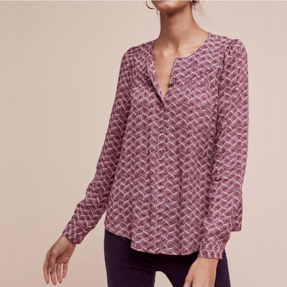 Anthropologie Maeve Orli Bibbed Button Down Blouse Purple Printed M